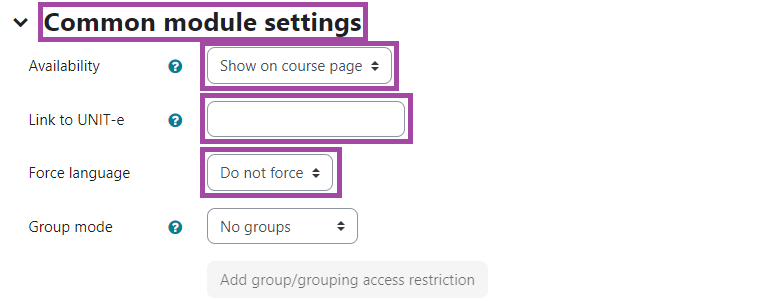 Screenshot of the ‘Common module settings’ section (highlighted) under a ‘Forum’ activity in the DLE.