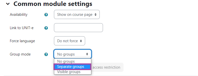 Screenshot of selecting an option (in this case ‘Separate groups’) (highlighted) of the ‘Group mode’ setting in the ‘Common module settings’ section (highlighted) under a ‘Forum’ activity in the DLE.