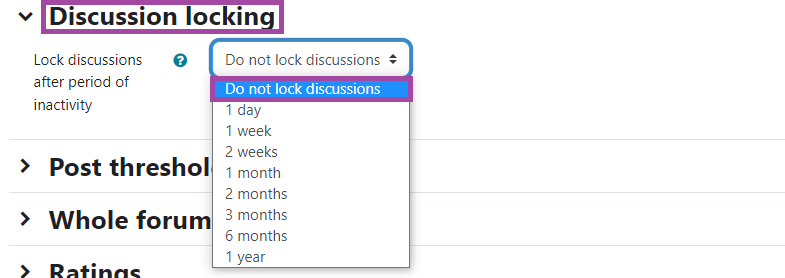 Screenshot of selecting an option (in this case ‘Do not lock discussions’) (highlighted) of the ‘Lock discussions after period of inactivity’ setting in the ‘Discussion locking’ section (highlighted) under a ‘Forum’ activity in the DLE.