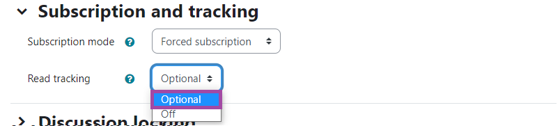 Screenshot of selecting an option (in this case ‘Optional’) (highlighted) of the ‘Subscription mode’ setting in the ‘Subscription and tracking’ section (highlighted) under a ‘Forum’ activity in the DLE.