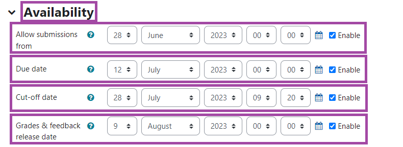 Screenshot of the 'Availability Settings' of an 'Assignment' activity