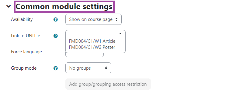 Screenshot of the listed option ‘Common Module Settings’ of an ‘Assignment’ activity in the DLE.