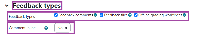Screenshot of the 'Feedback types' of an 'Assignment' activity