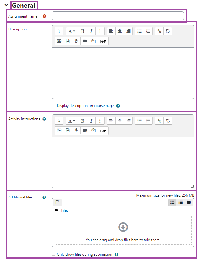 Screenshot of the display of the settings (highlighted) under the ‘General’ section (highlighted) of an ‘Assignment’ tool in a DLE course.