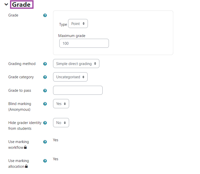 Screenshot of the 'Grade Settings' of an 'Assignment' activity