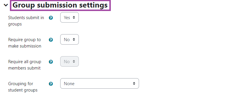 Screenshot of the 'Group Submission Settings' of an 'Assignment' activity