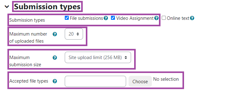 Screenshot of the 'Submission Types' of an 'Assignment' activity
