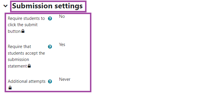 Screenshot of the 'Submission Settings' of an 'Assignment' activity