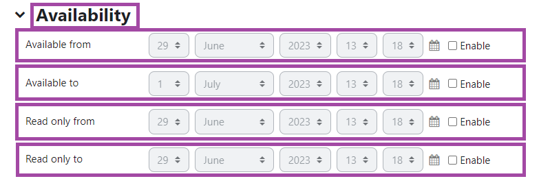 Screenshot of the Availability of a 'Database' activity, including dates and time.