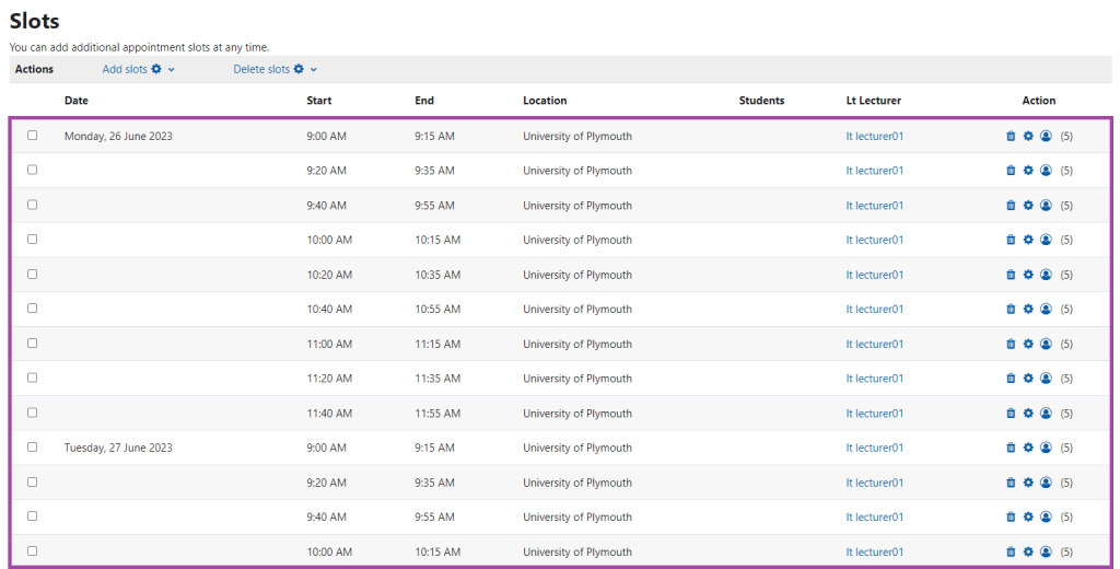 Screenshot of the display of the added time slots (highlighted) under a ‘Scheduler’ activity in a DLE course.