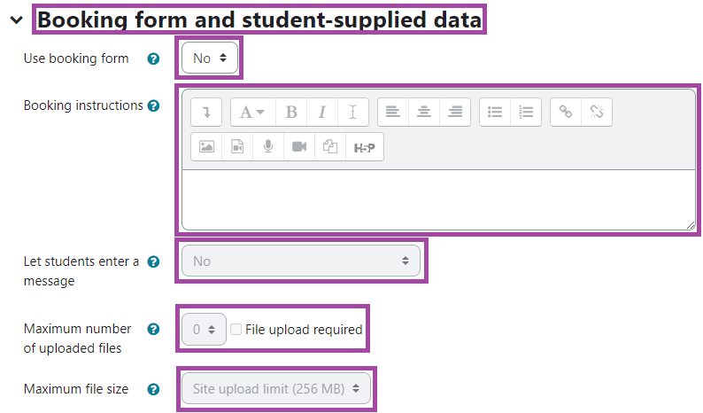 Screenshot of the display of the settings (highlighted) under the ‘Booking form and student-supplied data’ section of a ‘Scheduler’ activity in a DLE course.