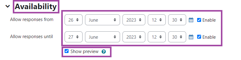 Screenshot of the Availability of a 'Choice' activity, including dates and time.