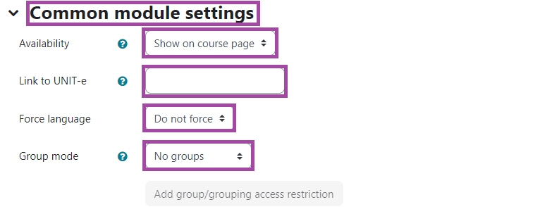 Screenshot of the listed option (‘Common Module Settings’) (highlighted) of a ‘Database’ activity in the DLE.