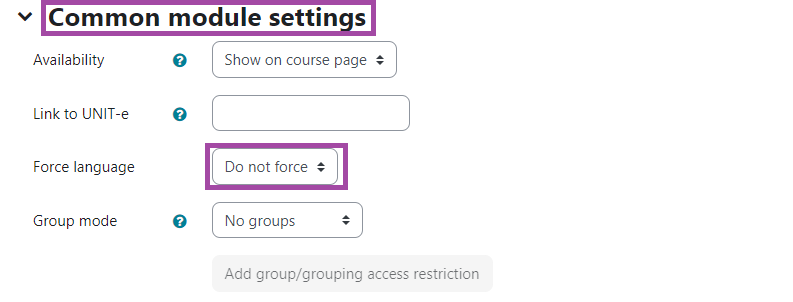 Screenshot of Common Module Settings in DLE - Force language highlighted