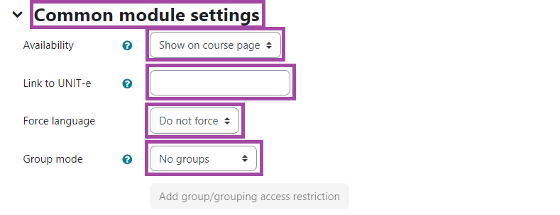 Screenshot of the listed option ‘Common Module Settings’ of a ‘Group Choice’ activity in the DLE.