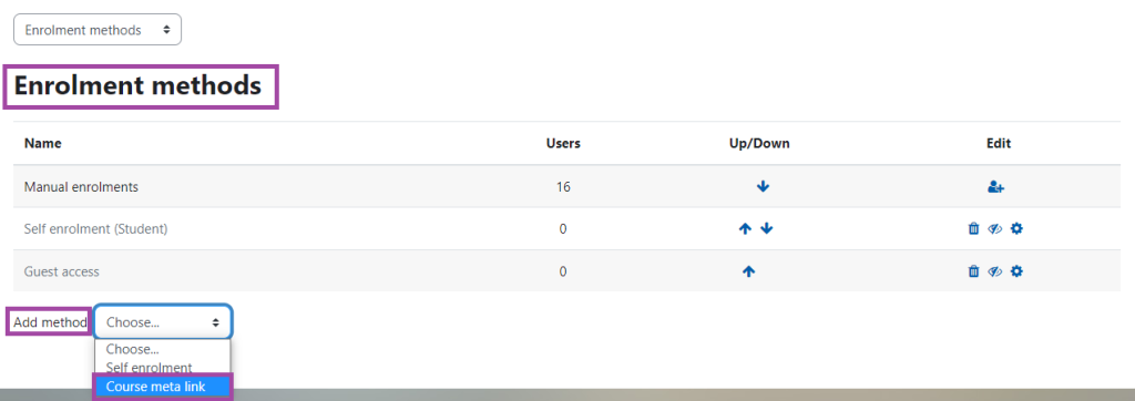 Screenshot showing the Enrolment methods.