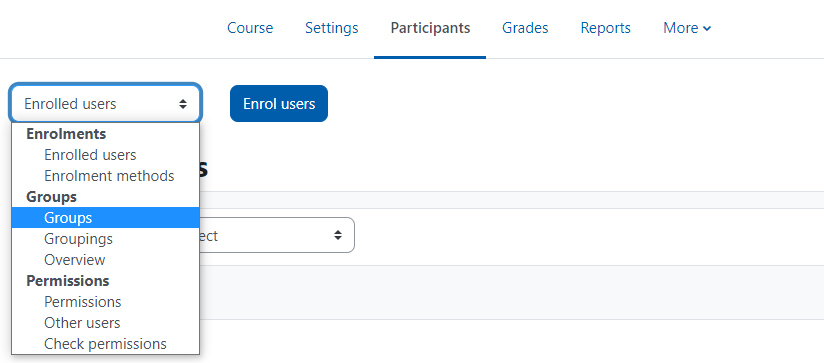 Enrolled users drop down menu with groups selected.