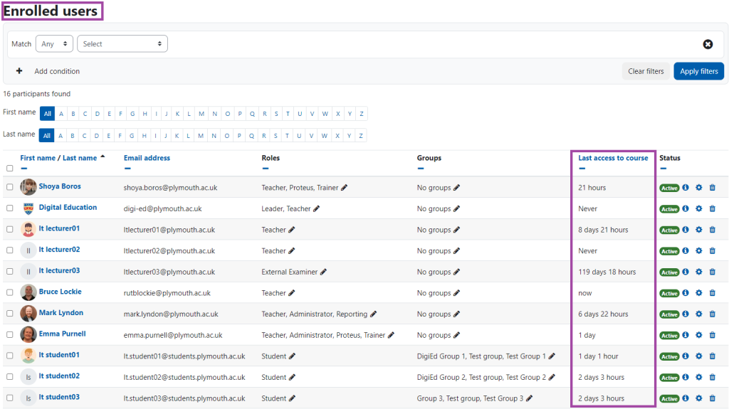 Screenshot of the display of the ‘Last access to course’ column (highlighted) under the ‘Participants’ menu within a DLE course.