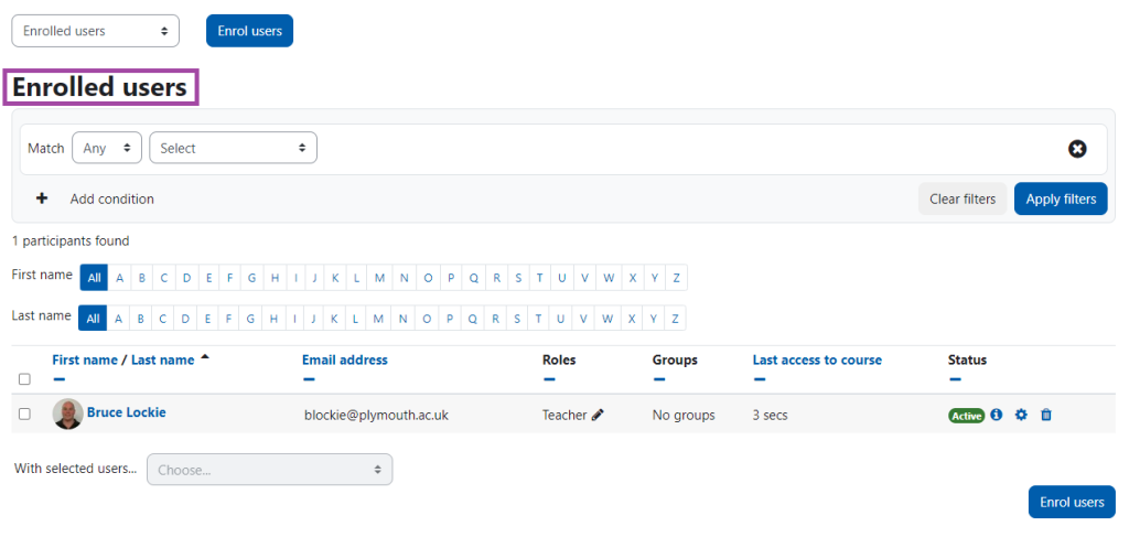 Screenshot of the Enrolled users page within Moodle.