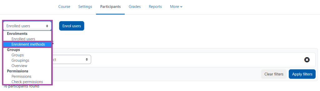 Screenshot showing the Enrolment methods.