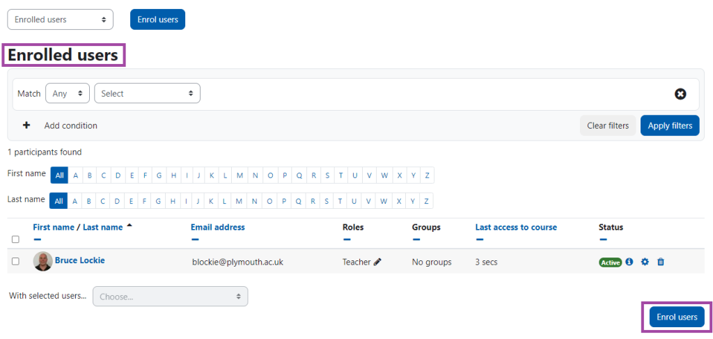 Screenshot of enrolled users screen with enrol users highlighted.