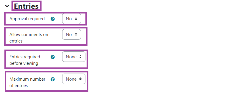 Screenshot of the Entries of a 'Database' activity, including Approval, comments, entries required before viewing and maximum number of entries.