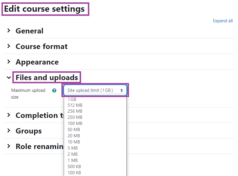 Screenshot of 'Edit Course Settings', 'Files and uploads' highlighted with the maximum site upload limit (1GB).