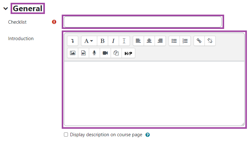 Screenshot of the display of the settings (highlighted) under the ‘General’ section (highlighted) of a ‘Group Choice’ tool in a DLE course.