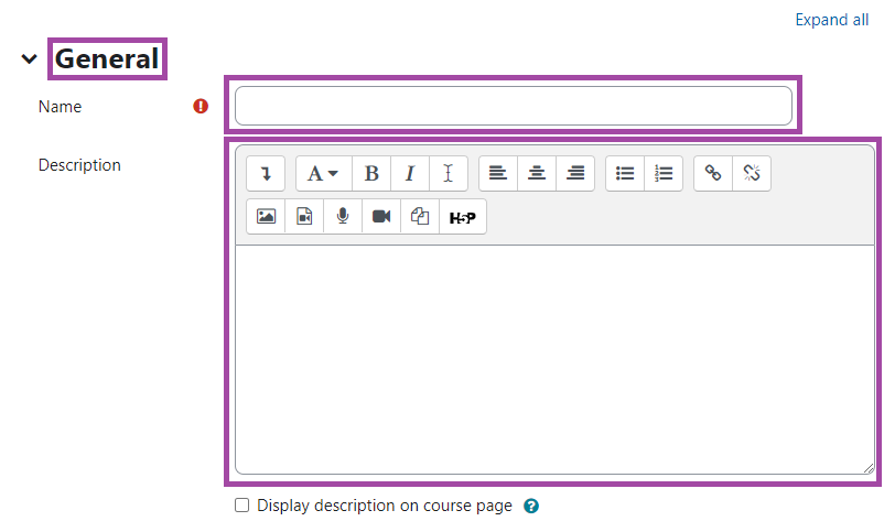 Screenshot of the display of the settings (highlighted) under the ‘General’ section (highlighted) of a ‘Database’ tool in a DLE course.