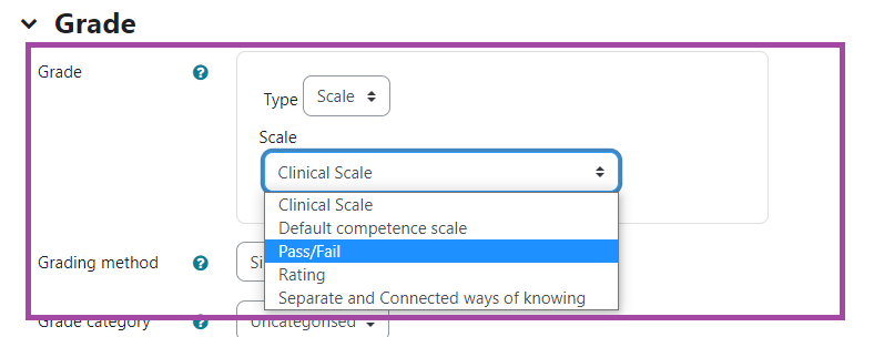 Screenshot of the grade section of an assignment with the scale being selected and 'Pass / Fail' highlighted.