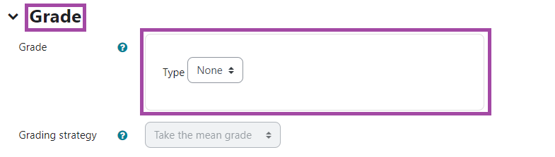 Screenshot of the display of the settings (highlighted) under the ‘Grade’ section of a ‘Scheduler’ activity in a DLE course.