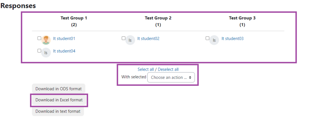 Screenshot of the Group Choice responses of a 'Group Choice' activity.