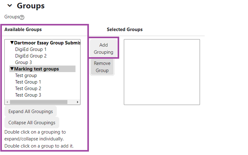 Screenshot of the Groups options of a 'Group Choice' activity. Available Groups highlighted.