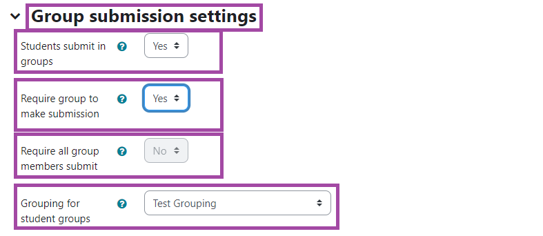 Screenshot of selecting ‘Yes’ (highlighted) next to the ‘Students submit in groups’ and ‘Require group to make submission’ settings, ‘No’ (highlighted) next to ‘Require all group members submit’ setting and a grouping (highlighted) next to ‘Grouping for student groups’ setting under the ‘Group submission settings’ of an assignment in the DLE.