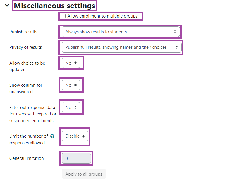 Screenshot of the Miscellaneous Settings' of a 'Group Choice' activity