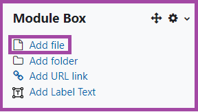Screenshot of the display of the ‘Add file’ button (highlighted) within Module Boxes.