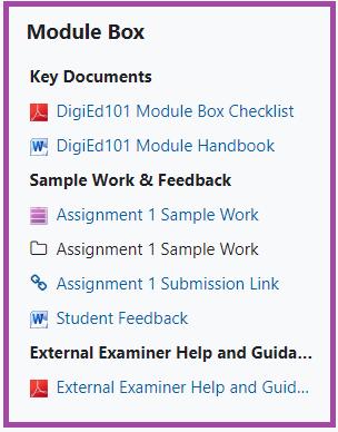 Screenshot of a sample Module Box layout (highlighted) within a DLE page/course.