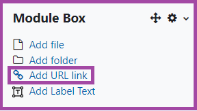 Screenshot of the display of the ‘Add URL link’ button (highlighted) within Module Boxes.
