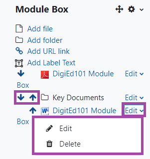 Screenshot of the display of the additional buttons/options (highlighted) within Module Boxes.
