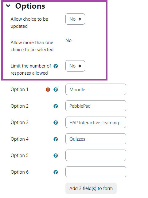 Screenshot of the Options of a 'Choice' activity