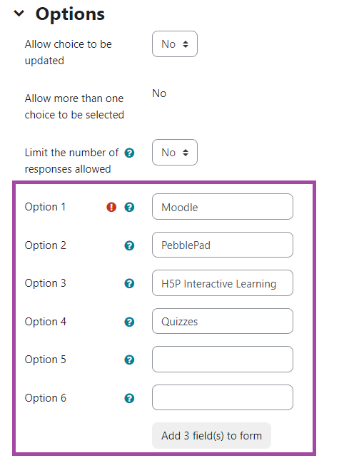 Screenshot of the Options of a 'Choice' activity