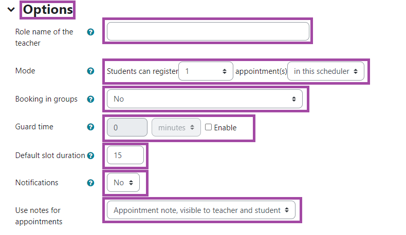 Screenshot of the display of the settings (highlighted) under the ‘Options’ section of a ‘Scheduler’ activity in a DLE course.