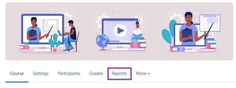 Screenshot of a course with 'Reports' in the secondary menu (highlighted).