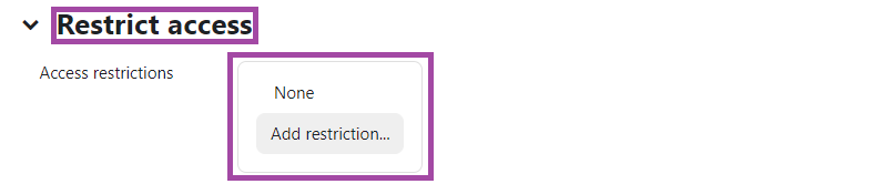 Screenshot of the listed option (‘Access restrictions’) (highlighted) of a ‘Group Choice’ activity under the ‘Restrict access’ section (highlighted) in the DLE.