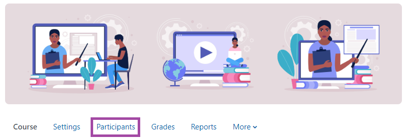 Screenshot showing the location of the Participants link in the secondary menu in Moodle.
