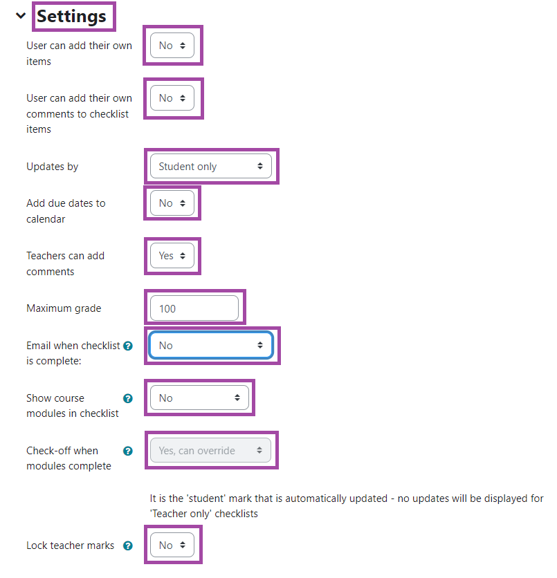 Screenshot of settings section in Checklist item.