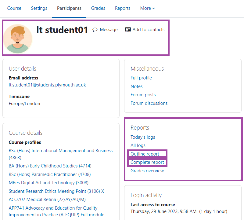 Screenshot of student profile. Reports section highlighted and the outline and complete reports are also highlighted.