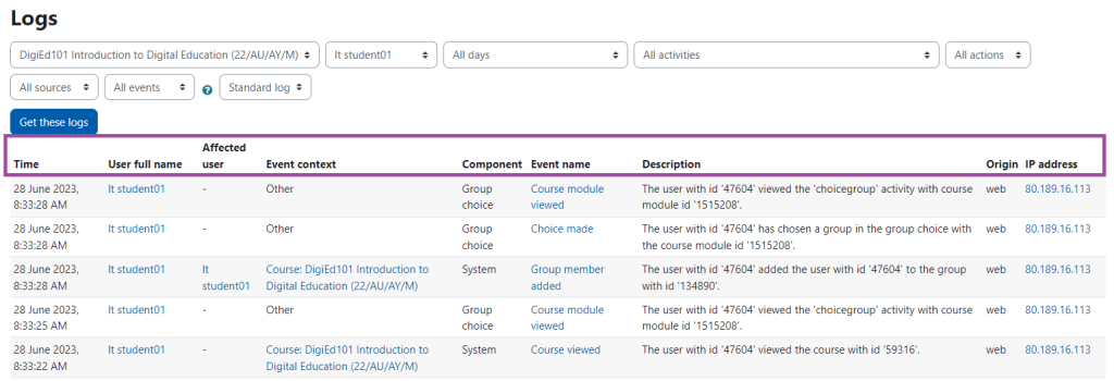 Screenshot of It.student01 activity.