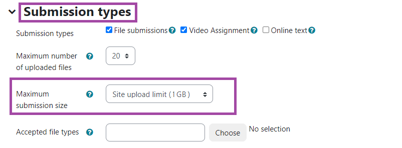Screenshot of 'Submission types' within assessemnt, 'Maximum submission size' highlighted with the maximum site upload limit (1GB).