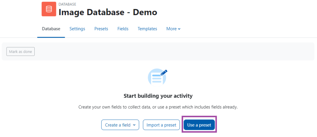 Screenshot of the database activity, 'Use a preset' highlighted